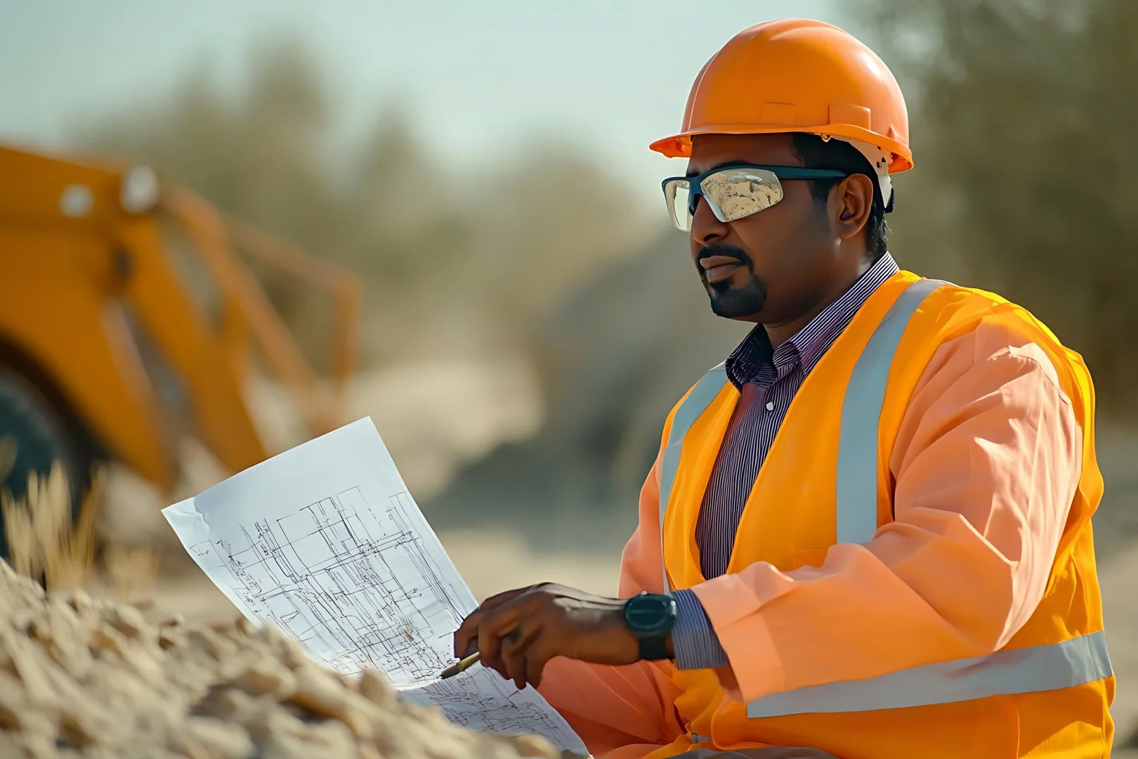 Engineer reviewing site plans during base construction project in Ghana